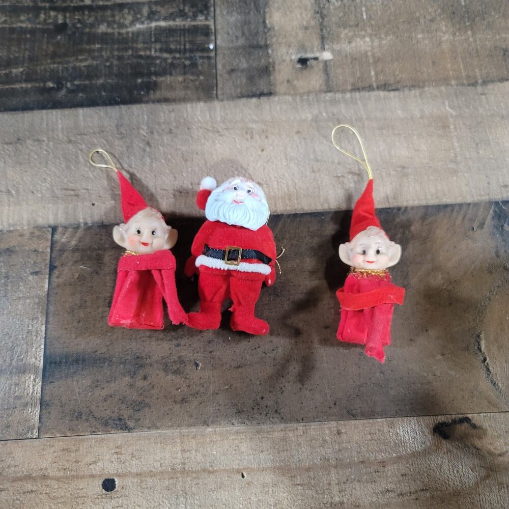 1960's 2 Knee Hugger Elf felt Ornament With 1960's Santa felt Ornament